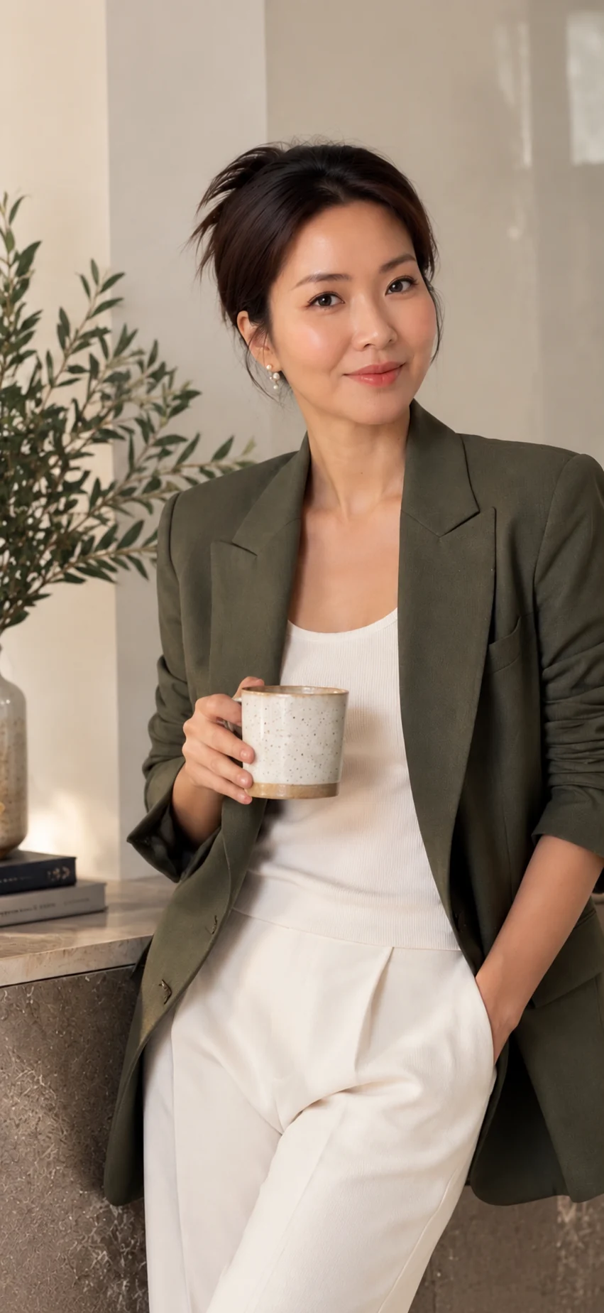 Portrait of Linda Chen in an olive blazer, holding a ceramic mug